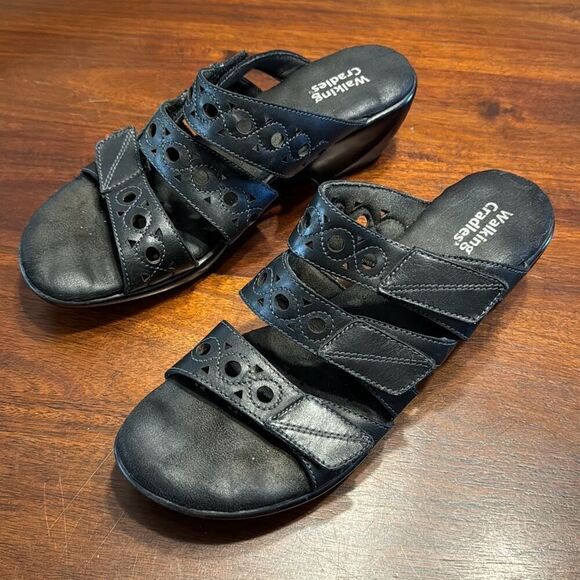 Walking Cradles Cho Black Leather Sandals Wedges Women’s 9 M - Picture 1 of 7
